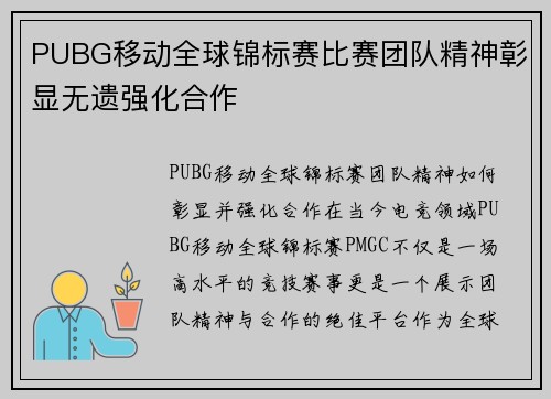 PUBG移动全球锦标赛比赛团队精神彰显无遗强化合作